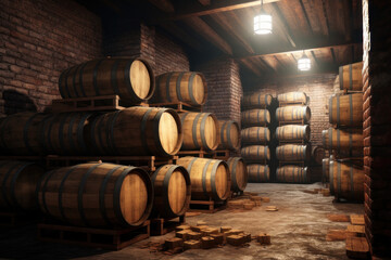 Wooden barrels in the cellar, barrels of wine, warehouse. AI generative.