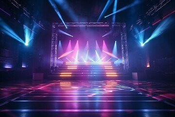 Concert stage light background with spotlight illuminated the stage for night music festival. Empty stage with dynamic color washes. Stage lighting design. Entertainment show. - obrazy, fototapety, plakaty