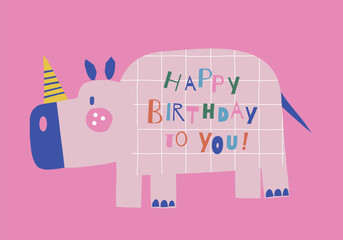  Happy Birthday rhino animal paper shape cutouts style vector illustration. Scandinavian childish wild party pre-made print design.