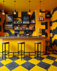 Interior of the bar, which is black and yellow. Street art infused.