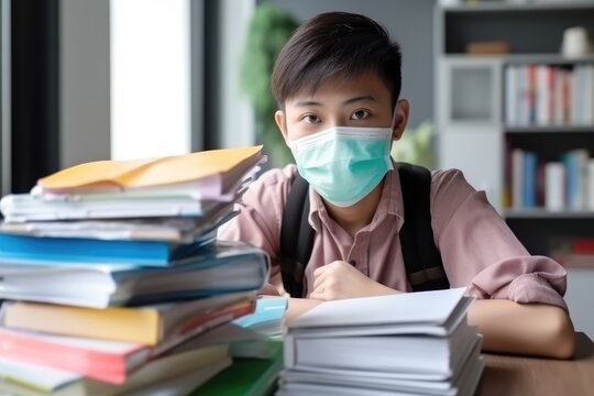 A teenage Asian student sits wearing a mask