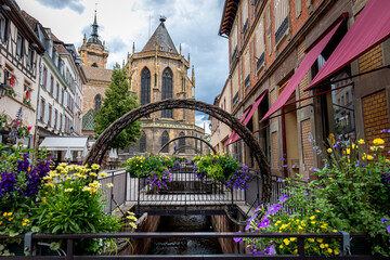 The town of Colmar in the French Alsace region with picturesque half-timbered houses and a...