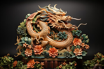 Fototapeta na wymiar Elegant figure of a wriggling dragon with flowers on a podium on a dark background