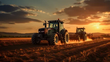 Foto op Plexiglas Agricultural workers with tractors. Ploughing a field with tractor at sunset created with Generative AI © mg photo