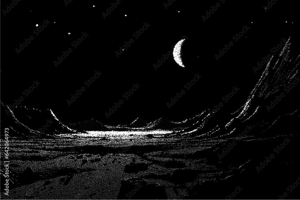 Poster Alien planet landscape in retro dotwork style. Planets and satellites over unknown planet in space. Sci-fi world landscape beyond our galaxy.