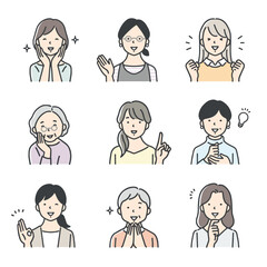 様々な年代の女性のアイコンセット／ポジティブ