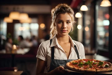 Poster Smiling waitress hold in hands plate with appetizing pizza in cafe or restaurant. © Logvin art