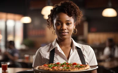 Foto op Aluminium African american smiling waitress hold in hands plate with appetizing pizza in cafe or restaurant © Logvin art