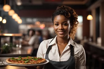 Foto op Canvas African american smiling waitress hold in hands plate with appetizing pizza in cafe or restaurant © Logvin art