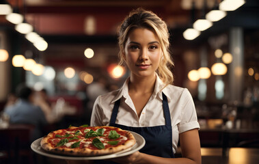 Smiling waitress hold in hands plate with appetizing pizza in cafe or restaurant.