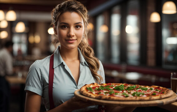 Smiling waitress hold in hands plate with appetizing pizza in cafe or restaurant.