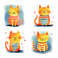 Set of cartoon watercolor cats