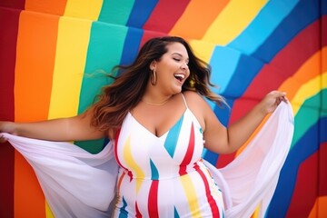 Beautiful and confident plus size woman having fun at rainbow flag
