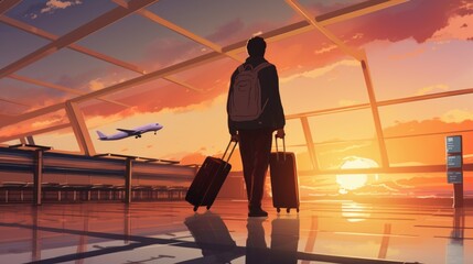 a tall young male person standing at the terminal check-in in the airport with luggage. plane taking off in background. sunset in the dusk sky. minimalistic anime cartoonish artstyle. Generative AI
