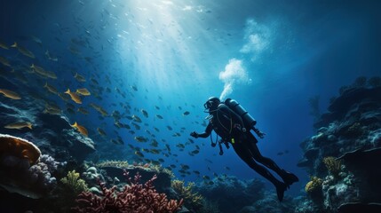 Fototapeta na wymiar a professional scuba diver driving, swimming and observing fishes and corals in a blue ocean with a fascinating reef view. diver wear equipment. pc desktop wallpaper background, 4k, 16:9 Generative AI