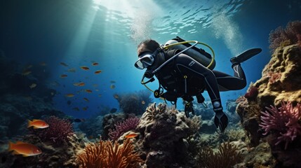 Naklejka na ściany i meble a professional scuba diver driving, swimming and observing fishes and corals in a blue ocean with a fascinating reef view. diver wear equipment. pc desktop wallpaper background, 4k, 16:9 Generative AI