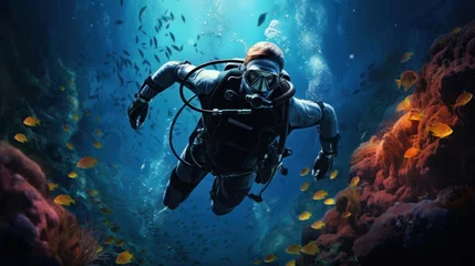Fototapeten a professional scuba diver driving, swimming and observing fishes and corals in a blue ocean with a fascinating reef view. diver wear equipment. pc desktop wallpaper background, 4k, 16:9 Generative AI © SayLi