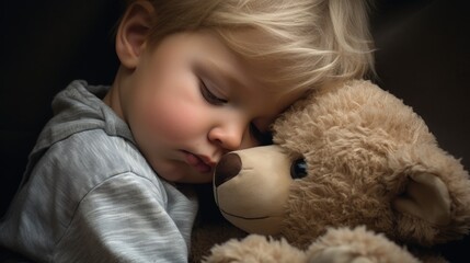 a cute little blond baby boy hugging his big soft stuffed teddy bear toy while sleeping in child bed. Generative AI