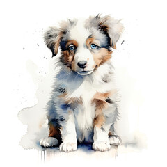 Australian shepherd puppy portrait. Stylized watercolour digital illustration of a cute dog with big eyes.