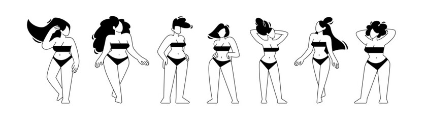 Set of women in lingerie of different races and sizes. Nude black and white bodies.