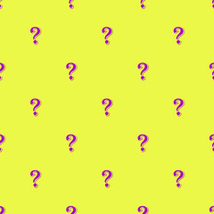 Seamless pattern of vibrant purple question mark on bright yellow backdrop