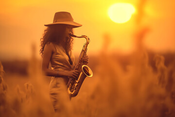 Woman playing saxophone sax at sunset. Portrait of a woman in a dress playing the saxophone near the river. Generative AI. - obrazy, fototapety, plakaty