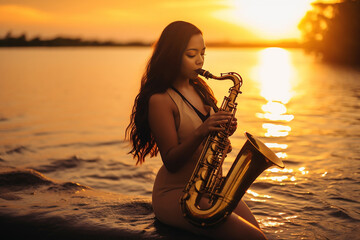 Woman playing saxophone sax at sunset. Portrait of a woman in a dress playing the saxophone near...