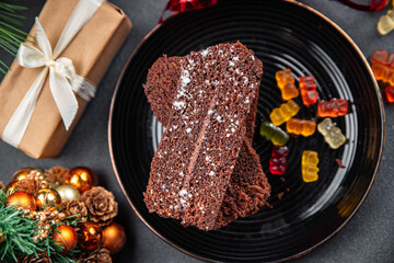 chocolate cake christmas sweet dessert holiday treat new year christmas meal food snack on the table copy space food background rustic top view