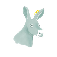 donkey head with earring in cute watercolor illustration