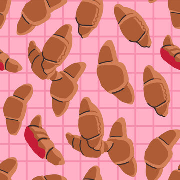 Paris restaurant tablecloth seamless pattern. Croissants pattern on pink in hand drawn style. Vector illustration