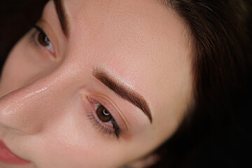 The girl has a beautiful permanent makeup with shading on her eyebrows. Eyebrow permanent makeup...