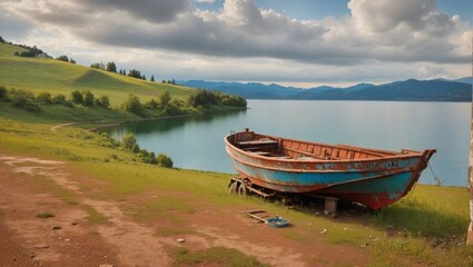 An old rusty boat on the bank of lake