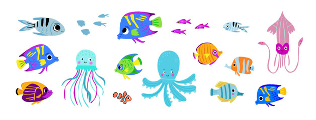 Mega collection of underwater fish and animals. Colorful fish, octopus, squid, jellyfish characters for children picture book or activity book. Cute underwater animals set. Vector illustration
