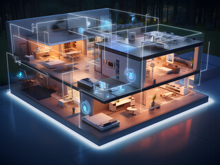 Interior illustration of futuristic smart home with artificial intelligence building concept	