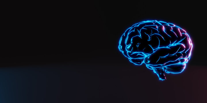 Abstract brain hologram. copy space. Artificial Intelligence, neuronets. futuristic hologram of brain on black background and glowing blue. Digital Brain big Data. 3d rendering