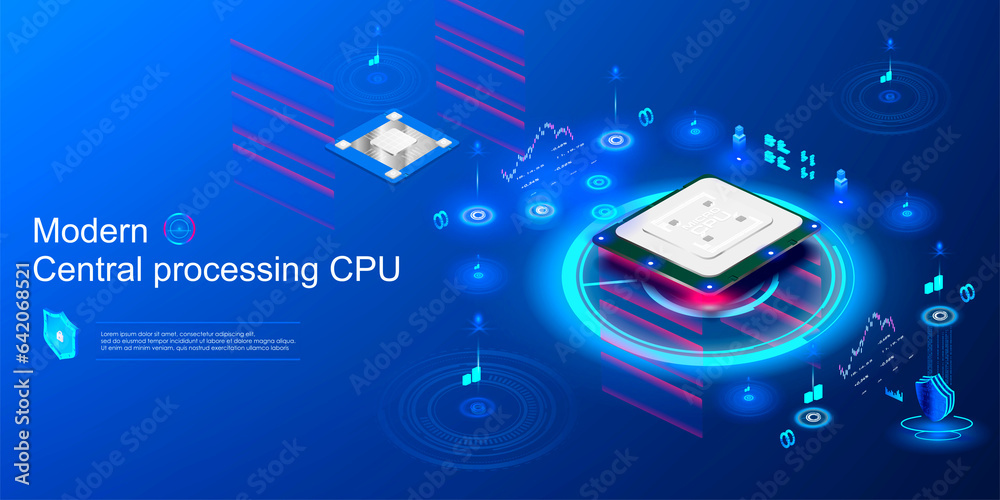 Poster futuristic processor with lights, holograms and portals. isometric digital chip with server for rend