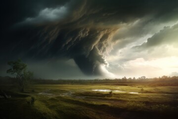 Naklejka na ściany i meble Destructive tornado on the field horizon. Beautiful storm view. Strong hurricane generative by AI