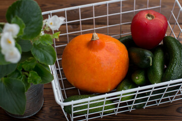 Autumn pumpkin decor. Halloween, harvest of orange pumpkins