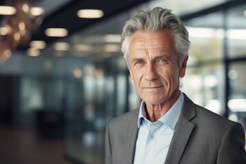 Naklejka premium Portrait of a handsome businessman. Handsome gray-haired CEO face portrait, blurred office background. Successful old man in suit. Generative AI image