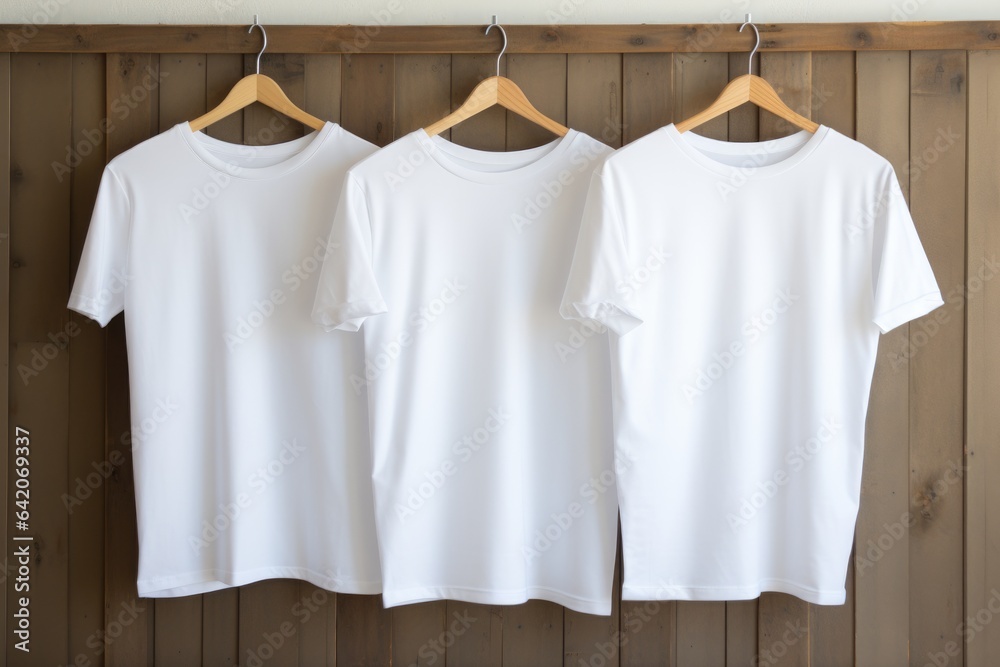 Wall mural White tshirt mockup on hanger on wooden background , AI Generative