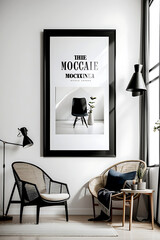Poster mockup with vertical black frame in white wall interior background