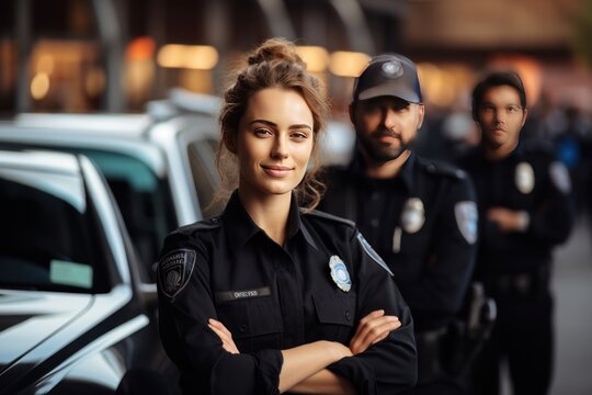 Portrait of a female security guard with her team in the background