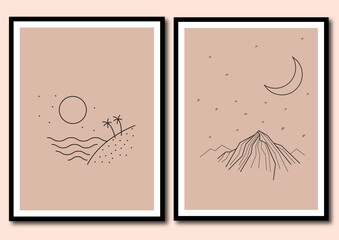 Vector illustration of abstract wall art with mountain, sun, moon, river, star, coconut tree. Contemporary wall decor.
