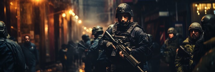 Swat forces. SWAT officer in full tactical gear.. SWAT. Police. Special Forces. Army. Special police team in action. - obrazy, fototapety, plakaty
