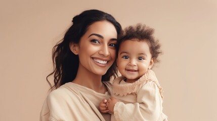A loving mother smiles, holding her baby against studio background. Generative AI