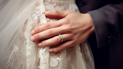 Wedding ceremony. The groom put his hand on the belly of the bride. close-up, legal AI