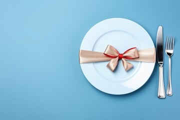 Christmas table setting on blue top view