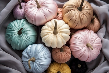 Textile craft pumpkins pastel colours top view. Cozy home craft DIY decor for autumn fall season. AI Generative