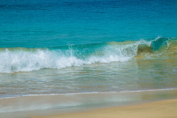 Beautiful beach in Maio Island in Cape Verde. With their soft sands, azure waters, and tranquil ambiance, they offer a serene tropical paradise.