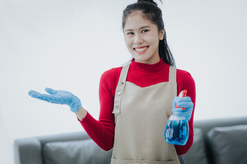 Half body portrait of woman cleaning service at home cleaning concept